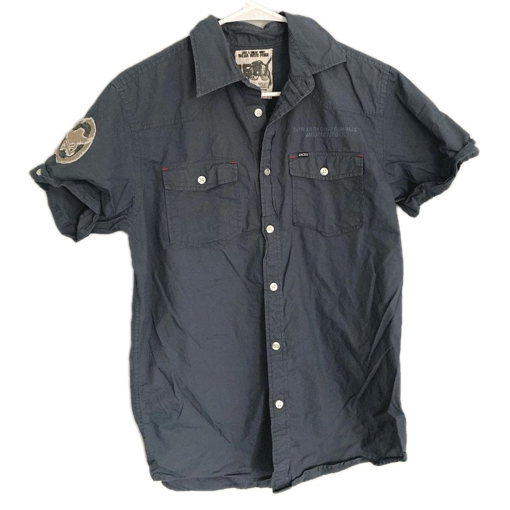 JACHS Shirt Mens Medium Blue Short Sleeve Skull Patch Casual Cotton Button Front
